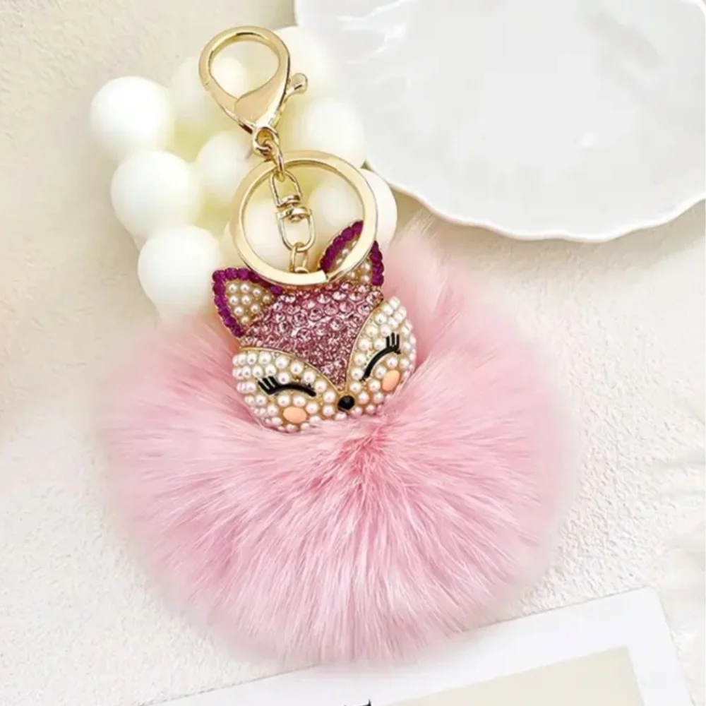 Pink Plush Pom Pom FOX Rhinestones Pearls Feminine Elegant Luxury Keychain Gift